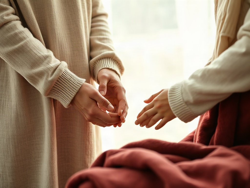 Two pairs of hands held together in soft natural light